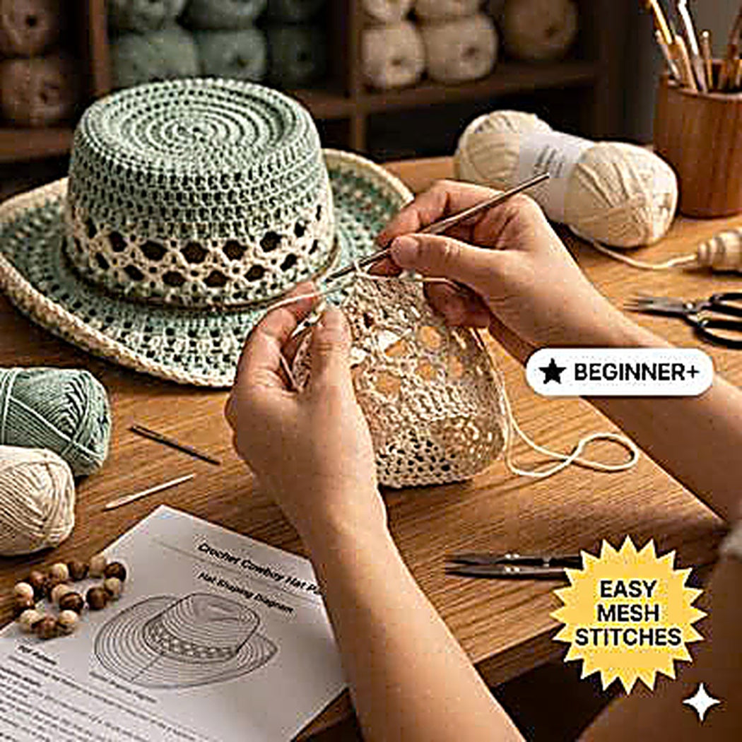 Crochet Cowboy Hat Pattern PDF, Beach Girl Summer Hat Crochet Pattern, Mesh Western Hat Tutorial, Boho Cowgirl Hat DIY, Festival Hat Pattern