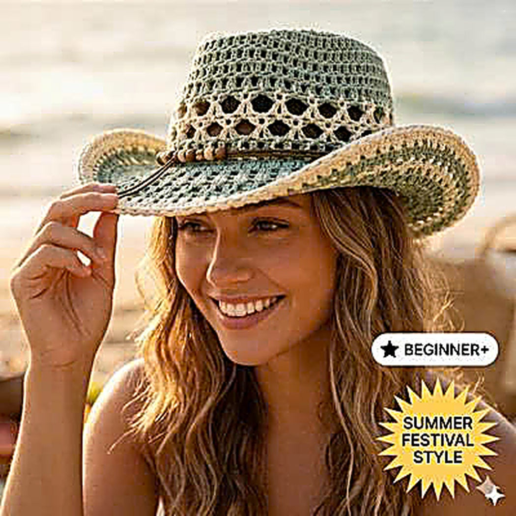 Crochet Cowboy Hat Pattern PDF, Beach Girl Summer Hat Crochet Pattern, Mesh Western Hat Tutorial, Boho Cowgirl Hat DIY, Festival Hat Pattern