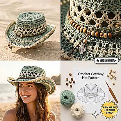 Crochet Cowboy Hat Pattern PDF, Beach Girl Summer Hat Crochet Pattern, Mesh Western Hat Tutorial, Boho Cowgirl Hat DIY, Festival Hat Pattern