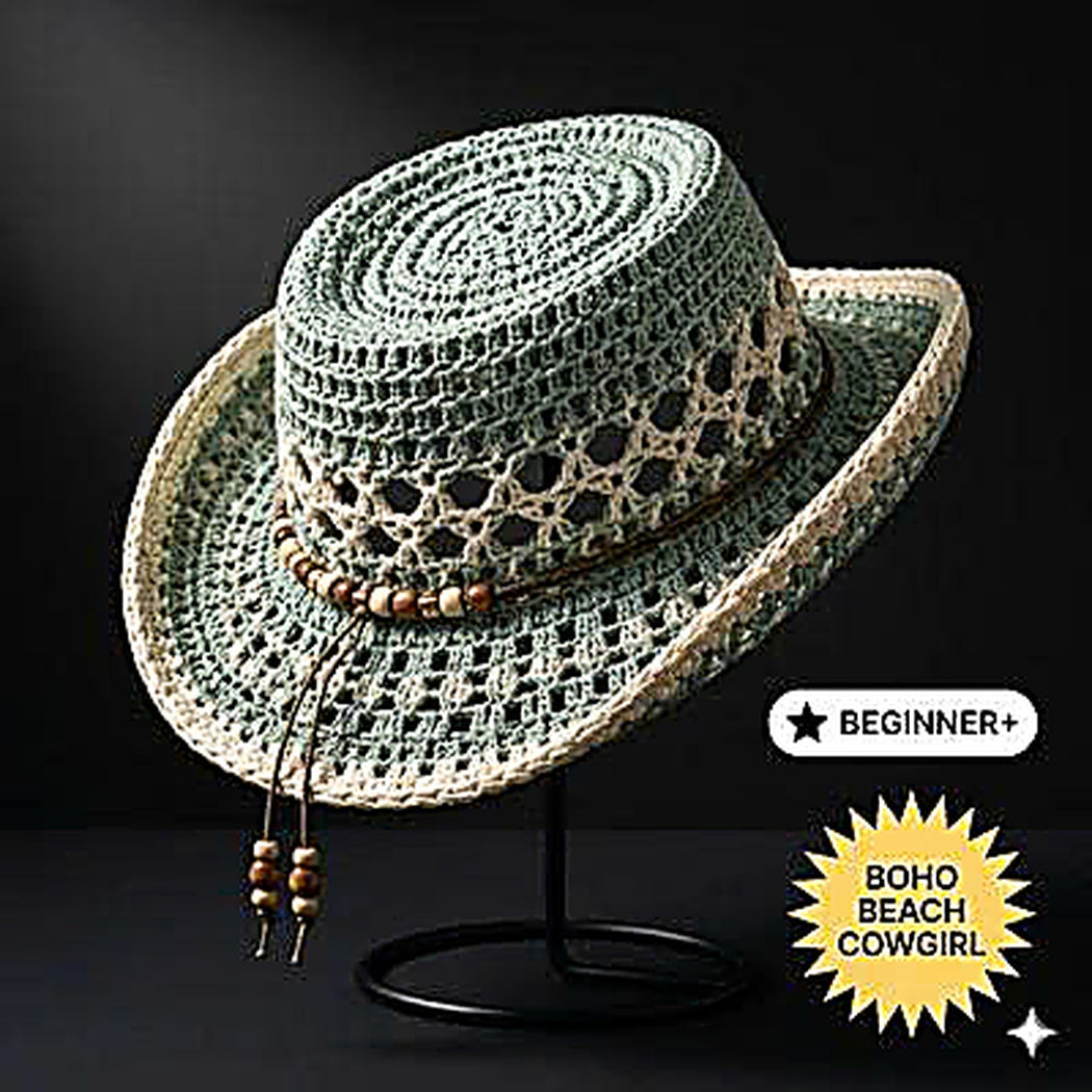 Crochet Cowboy Hat Pattern PDF, Beach Girl Summer Hat Crochet Pattern, Mesh Western Hat Tutorial, Boho Cowgirl Hat DIY, Festival Hat Pattern