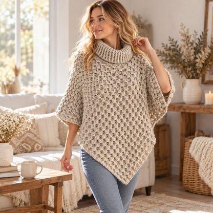 Crochet Turtleneck Poncho Pattern PDF + Video Tutorial, Chunky Textured Poncho, Cozy Women's Crochet Cape, Fall Winter Crochet Pattern