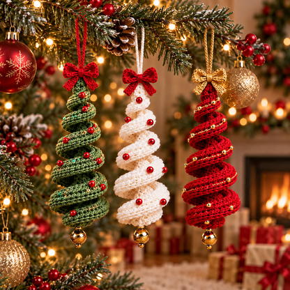 3 in 1 Christmas Spiral Crochet Pattern Bundle PDF |  Crochet Christmas Tree Ornament | Hanging Holiday Decor | Xmas Crochet Pattern