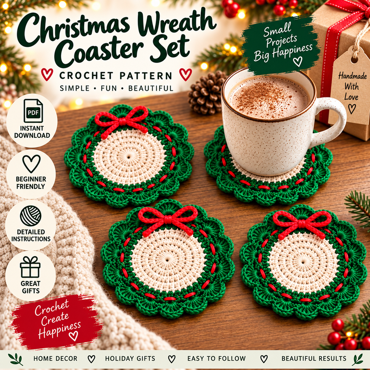 Christmas Wreath Coaster Crochet Pattern PDF, Holiday Table Decor, Christmas Crochet Coaster, Festive Mug Mat, Beginner Crochet Pattern