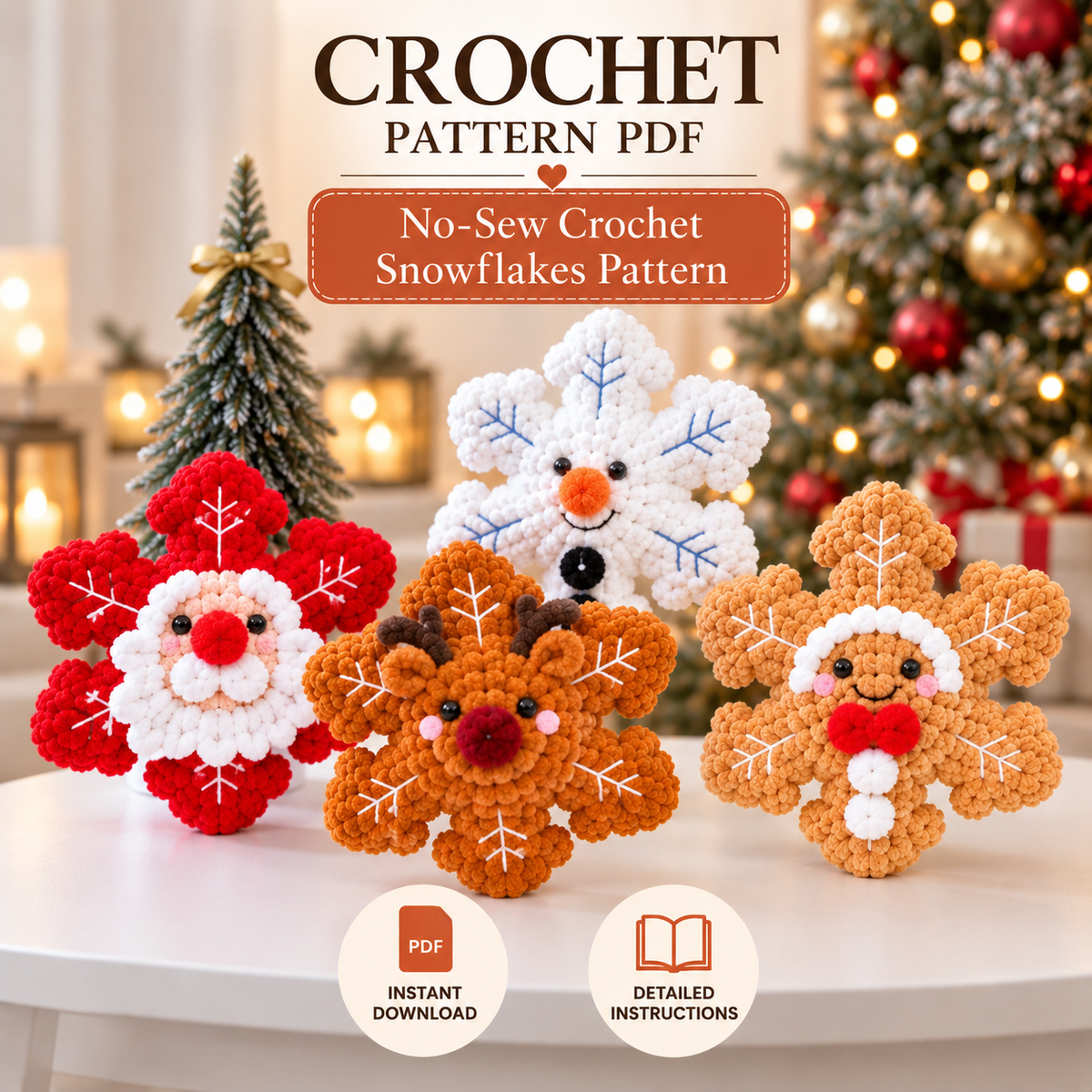 4-in-1 No-Sew Crochet Snowflake Pattern PDF | Santa, Reindeer, Snowman & Gingerbread | Christmas Amigurumi Ornament Pattern