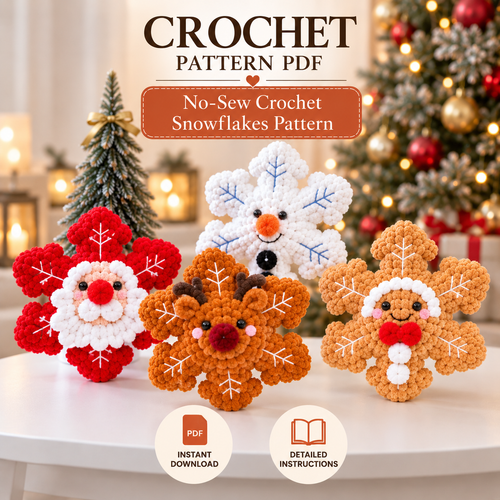 4-in-1 No-Sew Crochet Snowflake Pattern PDF | Santa, Reindeer, Snowman & Gingerbread | Christmas Amigurumi Ornament Pattern