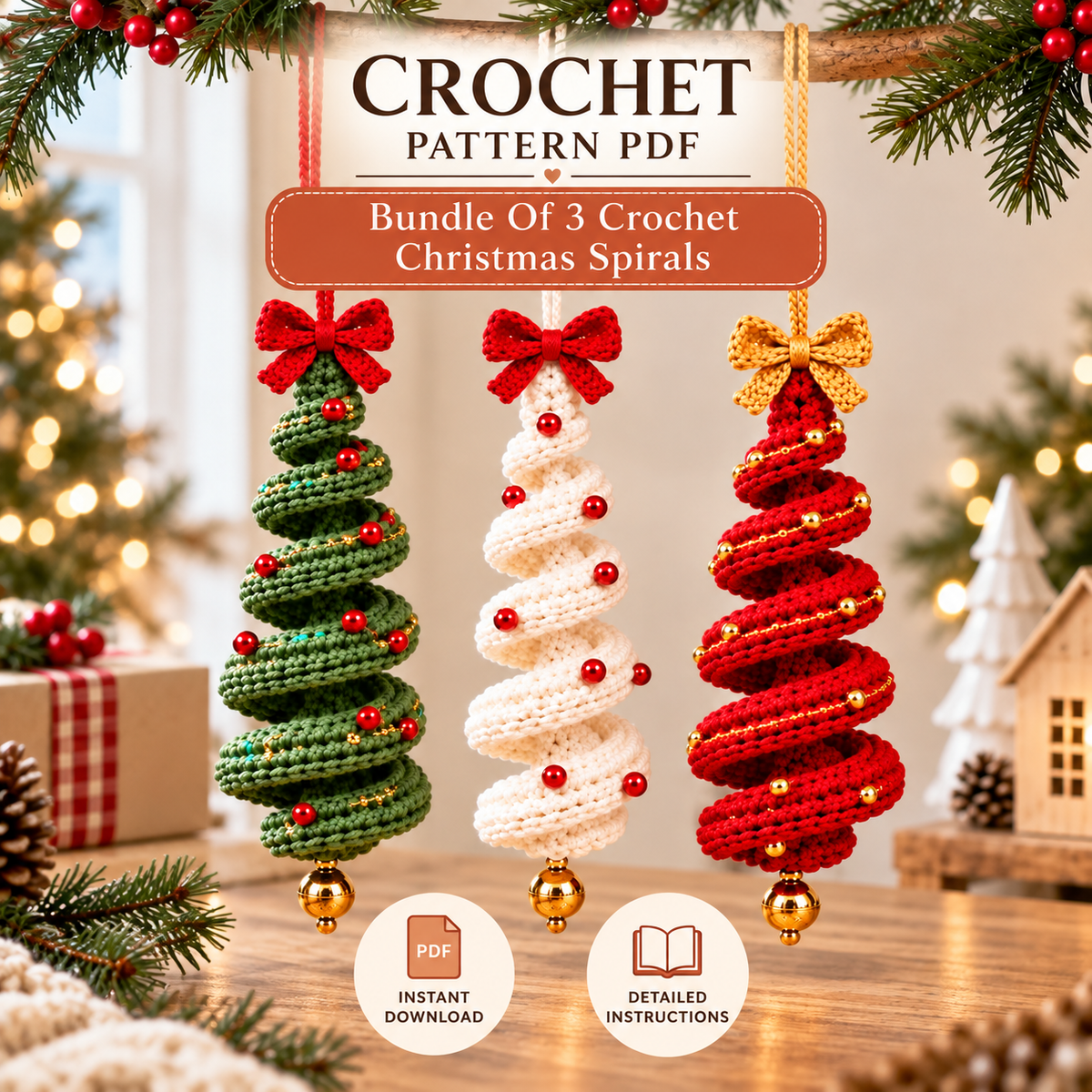 3 in 1 Christmas Spiral Crochet Pattern Bundle PDF |  Crochet Christmas Tree Ornament | Hanging Holiday Decor | Xmas Crochet Pattern