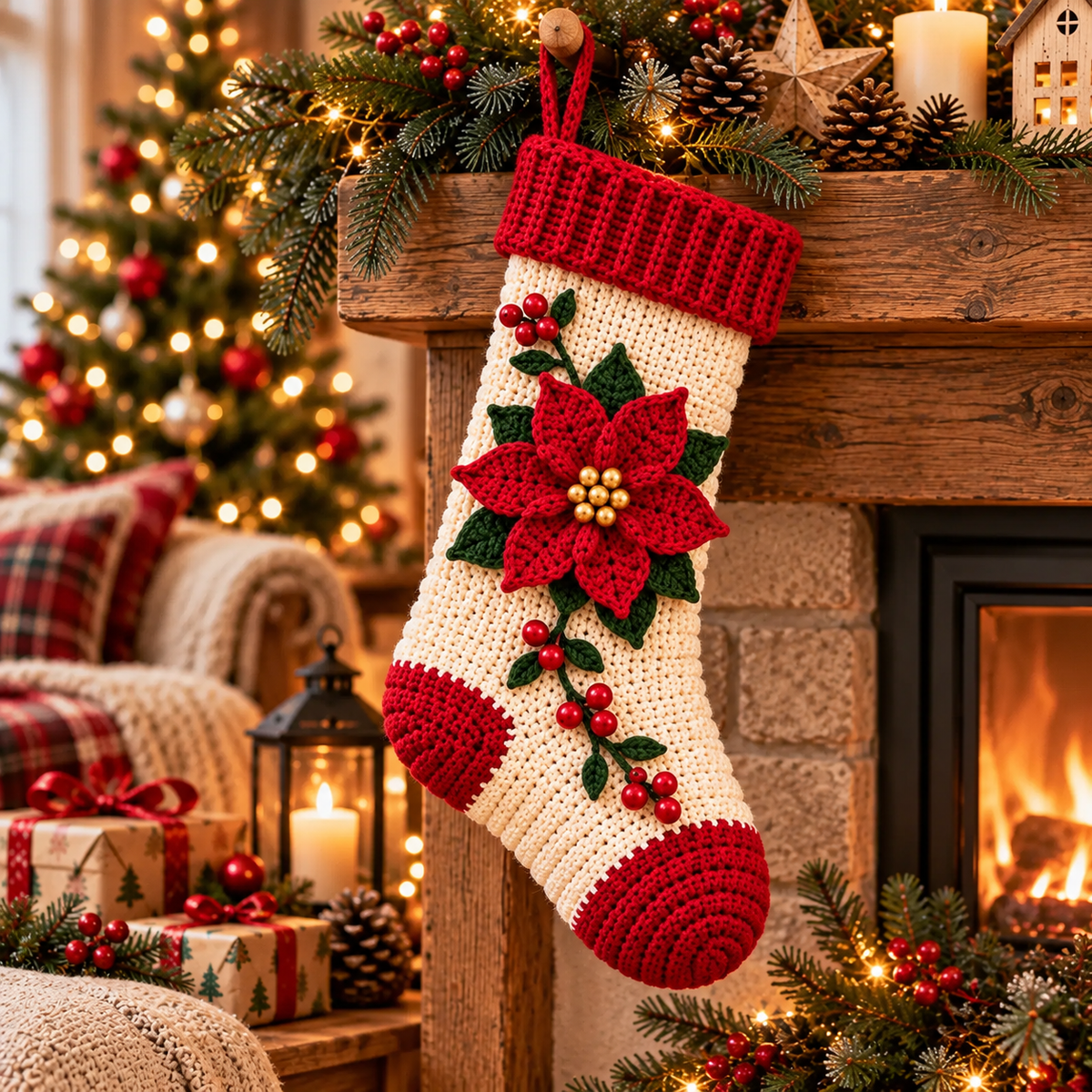 5 in 1 Christmas Stocking Crochet Pattern PDF, Tree Reindeer Snowman Poinsettia Gingerbread Stocking, Holiday Decor Pattern Bundle