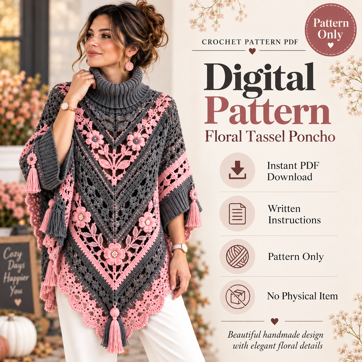 Elegant Floral Poncho Crochet Pattern PDF | Boho Crochet Poncho | Floral Lace Shawl Pattern | Crochet Wrap Pattern | Women's Crochet Clothing