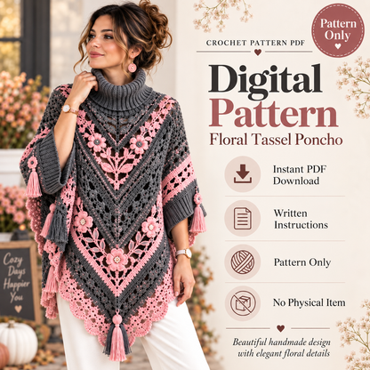 Elegant Floral Poncho Crochet Pattern PDF | Boho Crochet Poncho | Floral Lace Shawl Pattern | Crochet Wrap Pattern | Women's Crochet Clothing