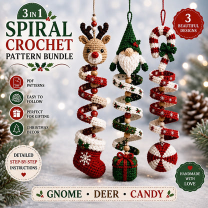Christmas Crochet Wind Spinner Pattern Bundle PDF, Gnome Reindeer Candy Cane Ornament Crochet Pattern, Amigurumi Holiday Hanging Decor