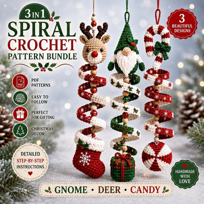 Christmas Crochet Wind Spinner Pattern Bundle PDF, Gnome Reindeer Candy Cane Ornament Crochet Pattern, Amigurumi Holiday Hanging Decor