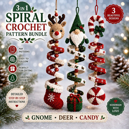 Christmas Crochet Wind Spinner Pattern Bundle PDF, Gnome Reindeer Candy Cane Ornament Crochet Pattern, Amigurumi Holiday Hanging Decor