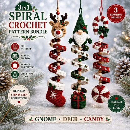 Christmas Crochet Wind Spinner Pattern Bundle PDF, Gnome Reindeer Candy Cane Ornament Crochet Pattern, Amigurumi Holiday Hanging Decor