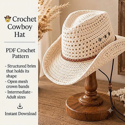 Crochet Cowboy Hat Pattern, Western Sun Hat Tutorial (PDF Download)