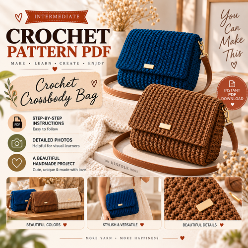 Crochet Crossbody Bag Pattern PDF + Video Tutorial, Textured Shoulder Bag, Flap Purse Step-by-Step Crochet Guide
