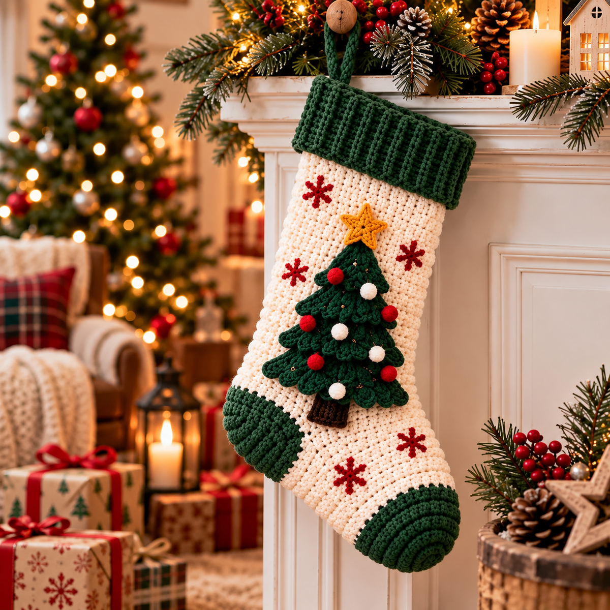 5 in 1 Christmas Stocking Crochet Pattern PDF, Tree Reindeer Snowman Poinsettia Gingerbread Stocking, Holiday Decor Pattern Bundle