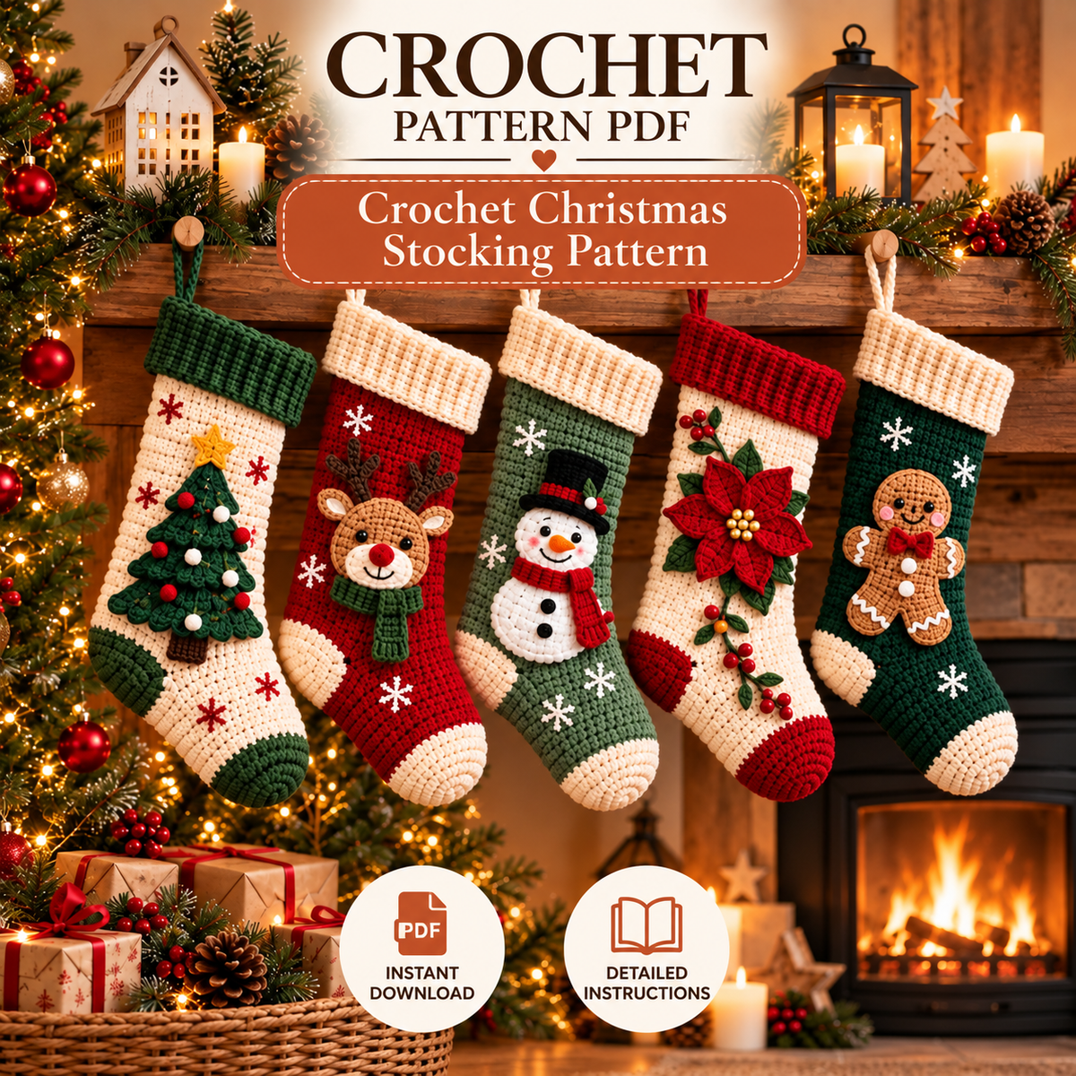 5 in 1 Christmas Stocking Crochet Pattern PDF, Tree Reindeer Snowman Poinsettia Gingerbread Stocking, Holiday Decor Pattern Bundle