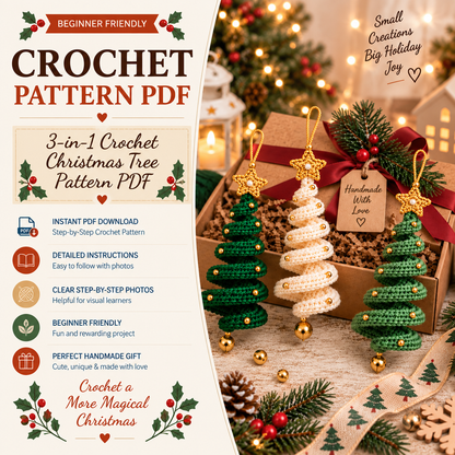 3-in-1 Crochet Christmas Tree Pattern PDF | Spiral Christmas Tree Ornament Crochet Pattern | DIY Xmas Tree Hanging Decorations | Beginner Friendly | Instant Download
