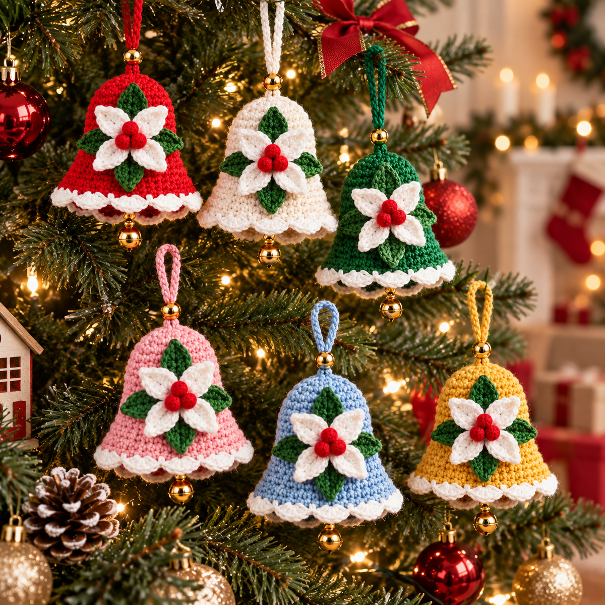 Christmas Bell Crochet Pattern PDF | Crochet Christmas Ornament | Holiday Bell Hanging Decor | Poinsettia Bell Pattern