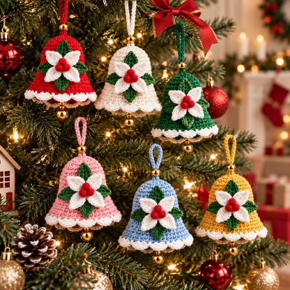 Christmas Bell Crochet Pattern PDF | Crochet Christmas Ornament | Holiday Bell Hanging Decor | Poinsettia Bell Pattern