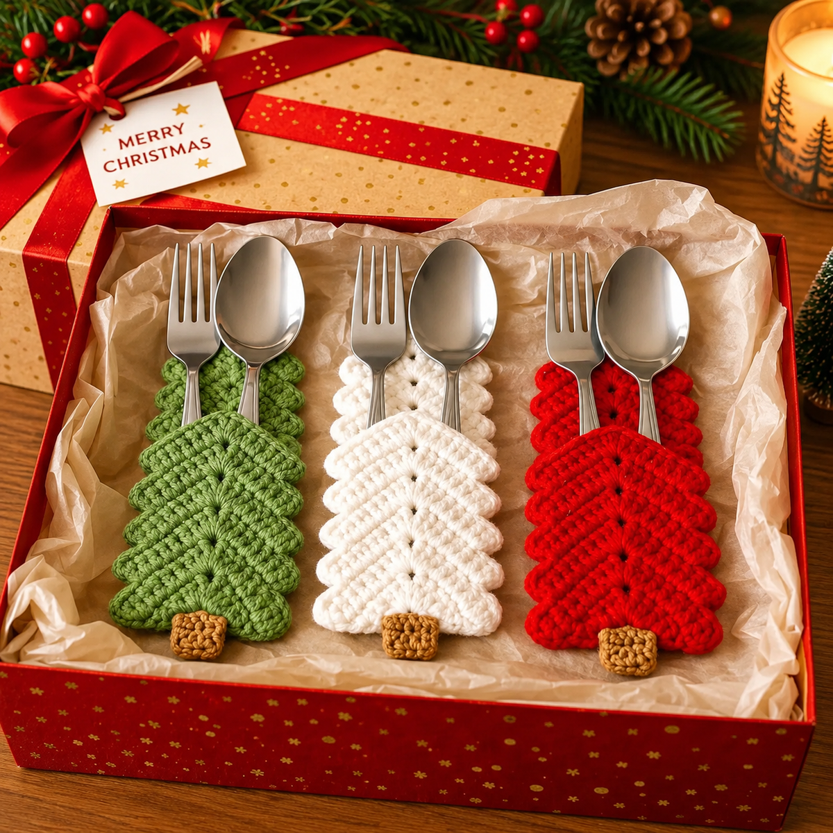 Christmas Tree Cutlery Holder Crochet Pattern PDF |  Christmas Table Decor | Holiday Silverware Holder | Xmas Place Setting Crochet Pattern