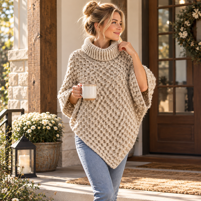 Crochet Turtleneck Poncho Pattern PDF + Video Tutorial, Chunky Textured Poncho, Cozy Women's Crochet Cape, Fall Winter Crochet Pattern