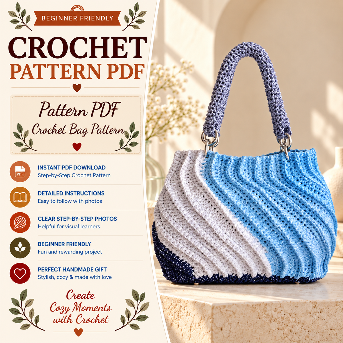 Textured Crochet Bag Pattern PDF | Ribbed Shoulder Bag Crochet Pattern | Modern Crochet Handbag | Beginner Friendly | Instant Download