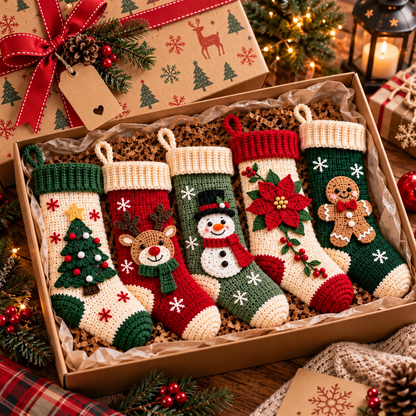 5 in 1 Christmas Stocking Crochet Pattern PDF, Tree Reindeer Snowman Poinsettia Gingerbread Stocking, Holiday Decor Pattern Bundle