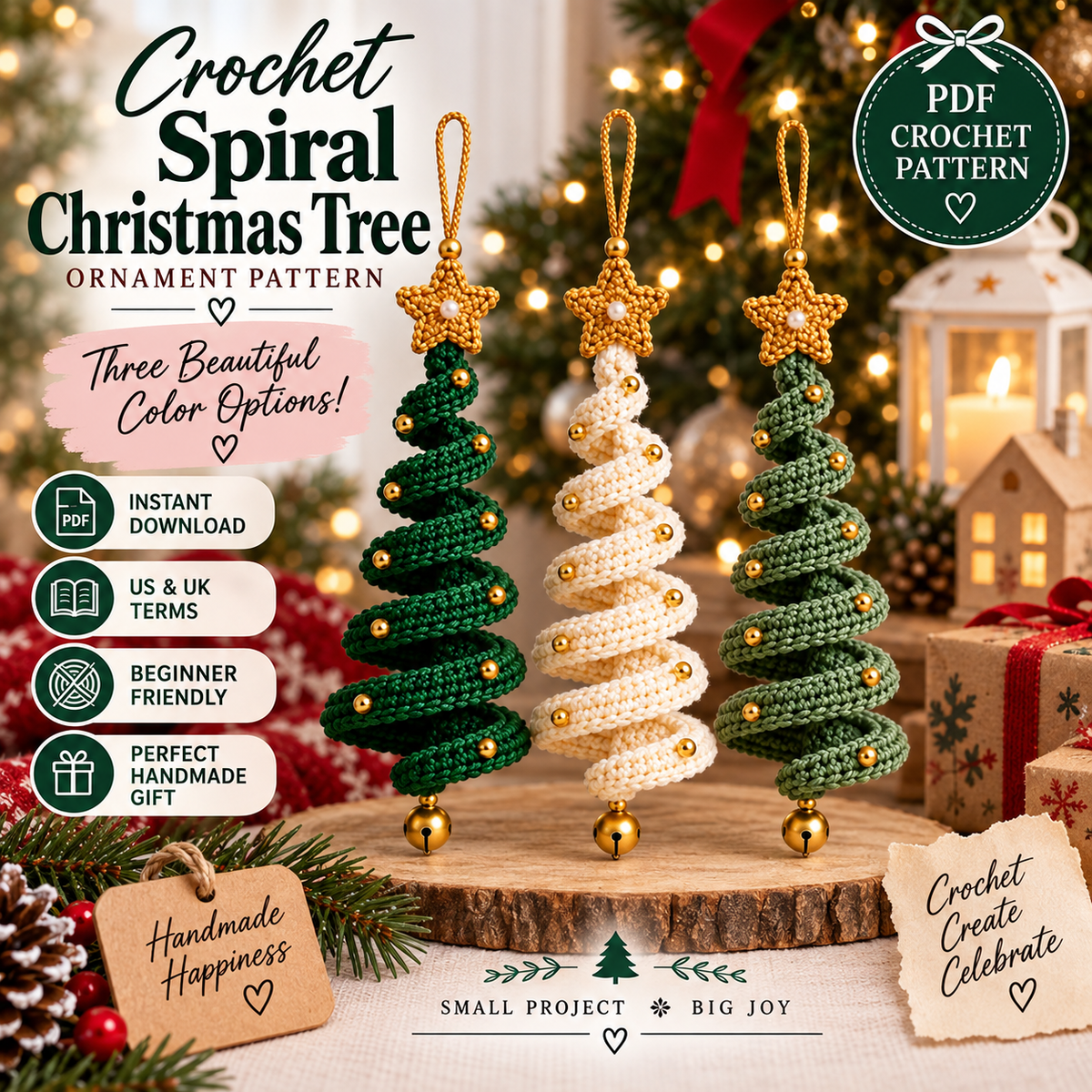 3-in-1 Crochet Christmas Tree Pattern PDF | Spiral Christmas Tree Ornament Crochet Pattern | DIY Xmas Tree Hanging Decorations | Beginner Friendly | Instant Download