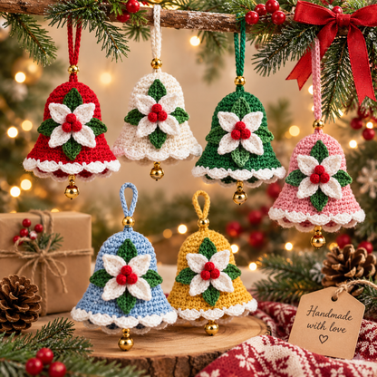 Christmas Bell Crochet Pattern PDF | Crochet Christmas Ornament | Holiday Bell Hanging Decor | Poinsettia Bell Pattern