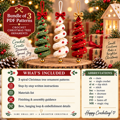 3 in 1 Christmas Spiral Crochet Pattern Bundle PDF |  Crochet Christmas Tree Ornament | Hanging Holiday Decor | Xmas Crochet Pattern