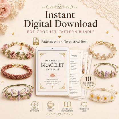 10 Crochet Bracelet Pattern Bundle PDF | Floral & Beaded Crochet Jewelry | Friendship Bracelet Tutorial | Beginner to Intermediate | Instant Download + Video Tutorial