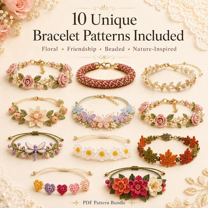 10 Crochet Bracelet Pattern Bundle PDF | Floral & Beaded Crochet Jewelry | Friendship Bracelet Tutorial | Beginner to Intermediate | Instant Download + Video Tutorial
