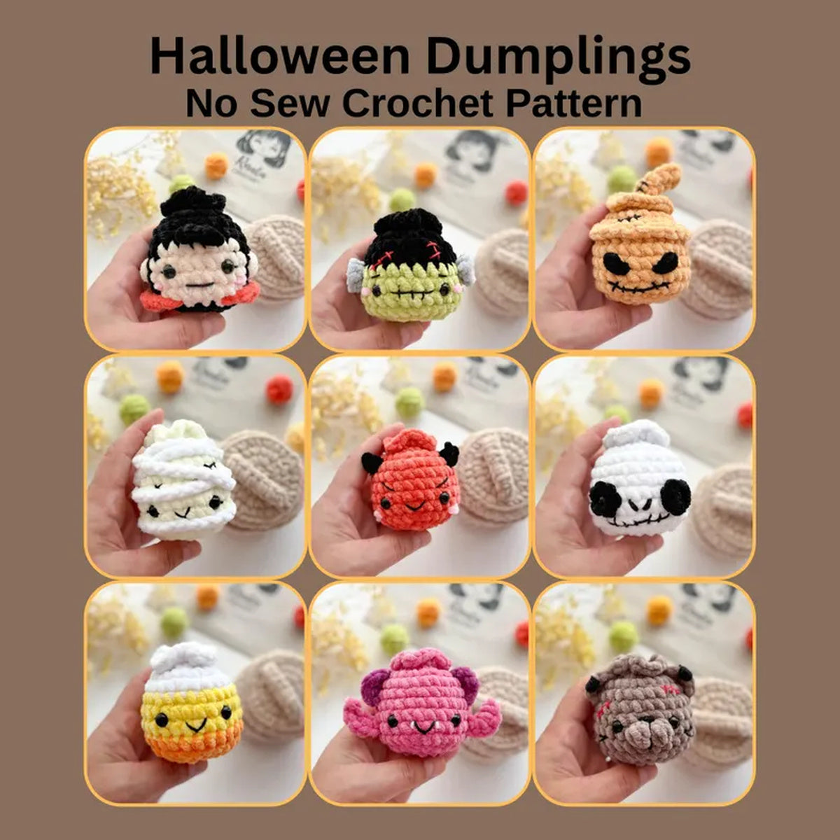 9 in 1 Halloween Dumpling Crochet Pattern PDF, No Sew Spooky Amigurumi Plushies, Cute Halloween Keychain Pattern, Instant Download