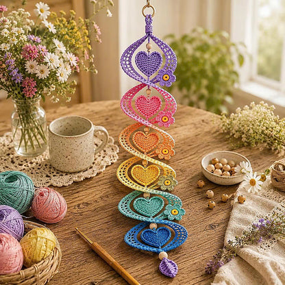 Crochet Wind Spinner Pattern PDF, Pastel Heart Helix Hanging Ornament, Spiral Window Decor, Rainbow Heart Mobile, Instant Download