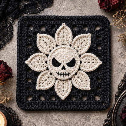Skull Flower Granny Square Crochet Pattern PDF, Gothic Blanket Motif, Halloween Crochet Decor, Spooky Floral Square Instant Download