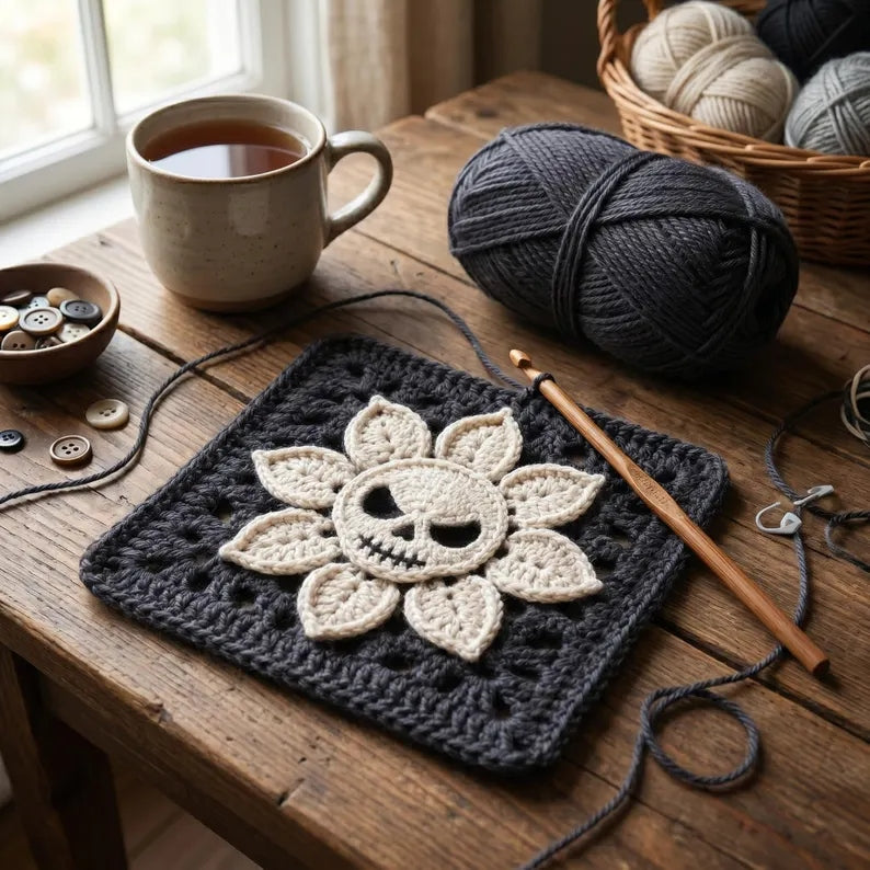 Skull Flower Granny Square Crochet Pattern PDF, Gothic Blanket Motif, Halloween Crochet Decor, Spooky Floral Square Instant Download