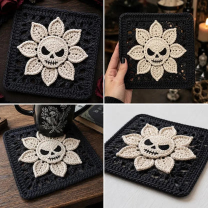 Skull Flower Granny Square Crochet Pattern PDF, Gothic Blanket Motif, Halloween Crochet Decor, Spooky Floral Square Instant Download