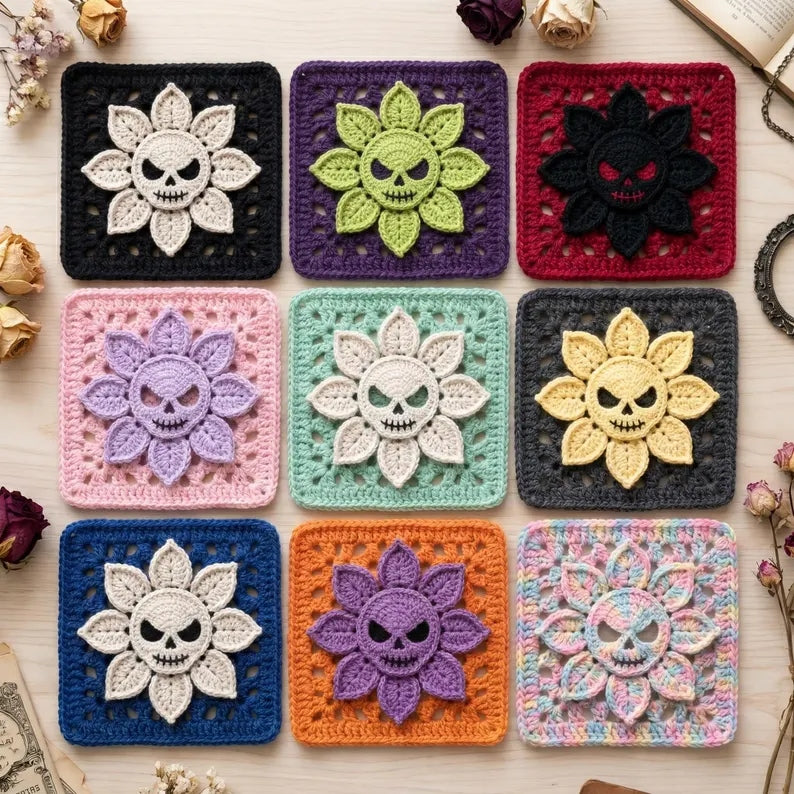 Skull Flower Granny Square Crochet Pattern PDF, Gothic Blanket Motif, Halloween Crochet Decor, Spooky Floral Square Instant Download