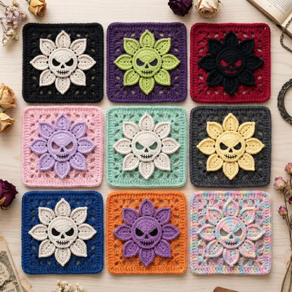 Skull Flower Granny Square Crochet Pattern PDF, Gothic Blanket Motif, Halloween Crochet Decor, Spooky Floral Square Instant Download